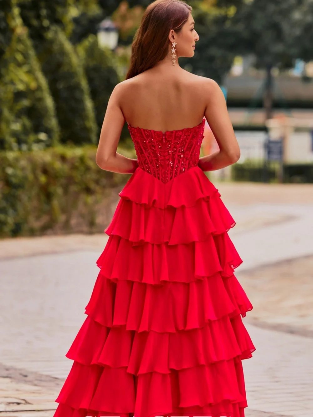 Red Strapless Layered Ruffle Gown - - Picture 2 of 5